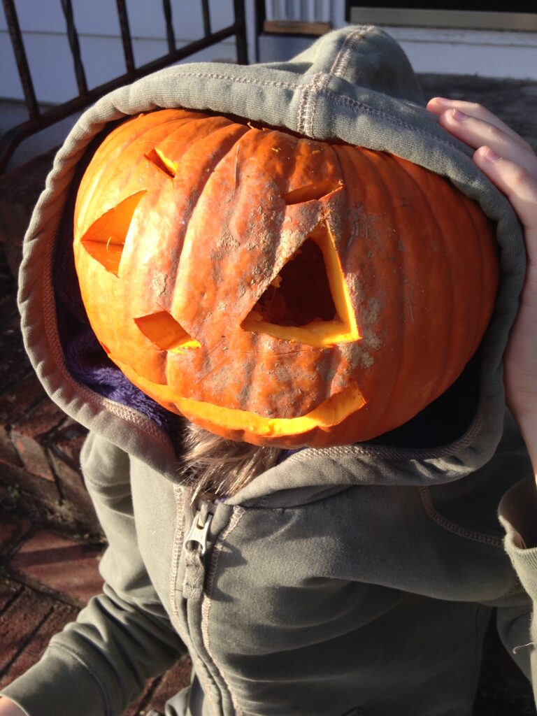 a carved pumpkin as a head in a boys sweatshirt