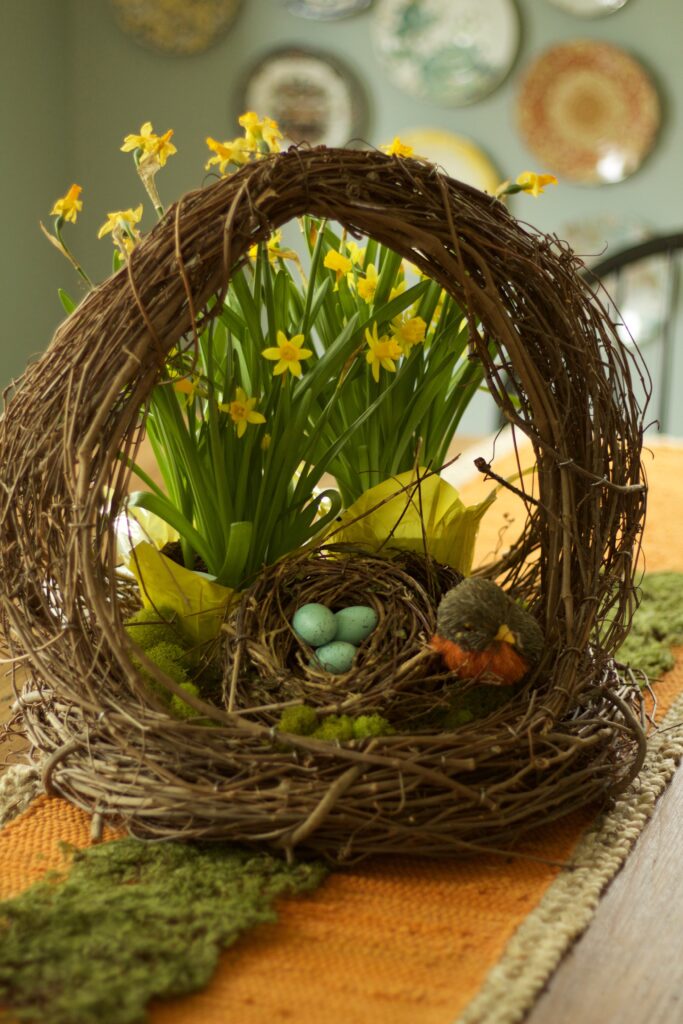 basket with a birds nest, robins eggs, and planted baby daffodils as a Spring decoration