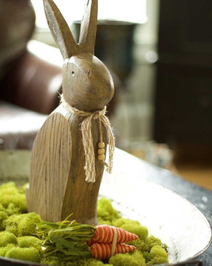 bunny in moss with carrots on a silver tray for Spring decor