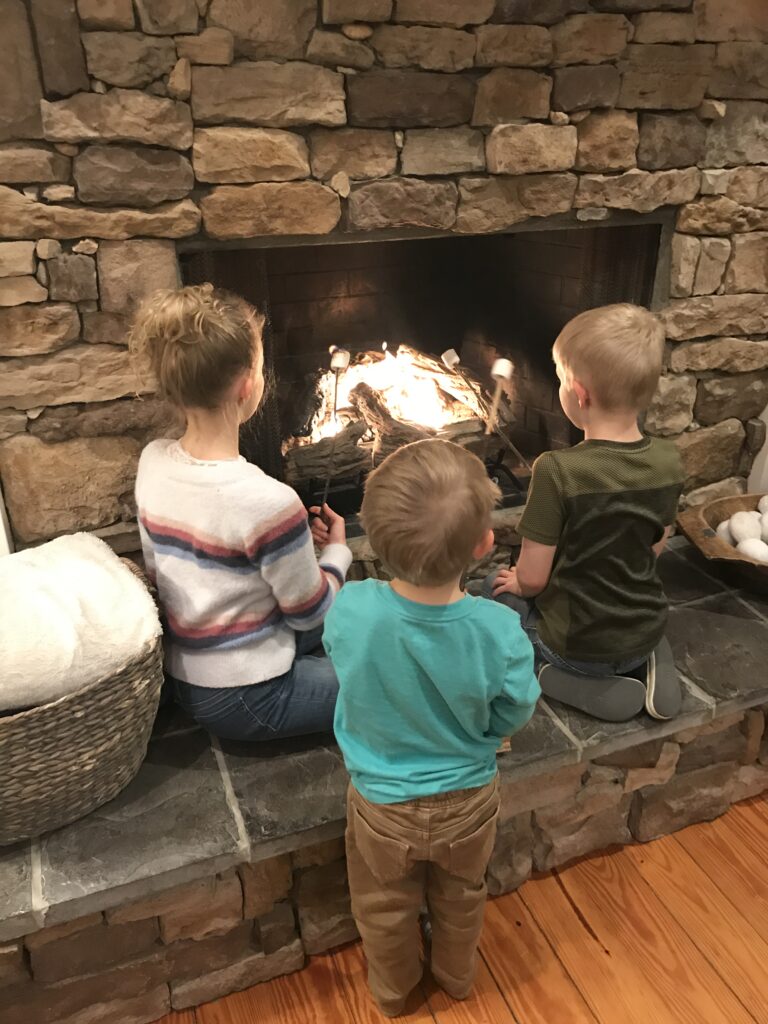 3 children roasting marshmallows over the living room fire