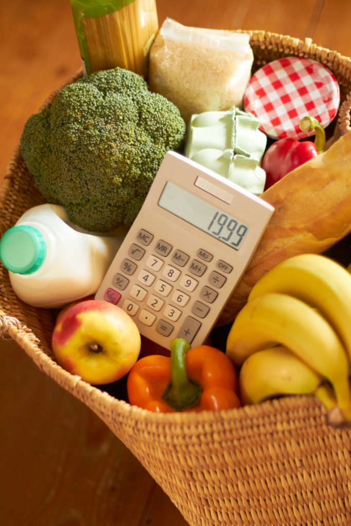 basket of real, organic food with a calculator
