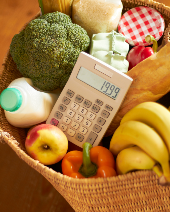 basket of real, organic food with a calculator