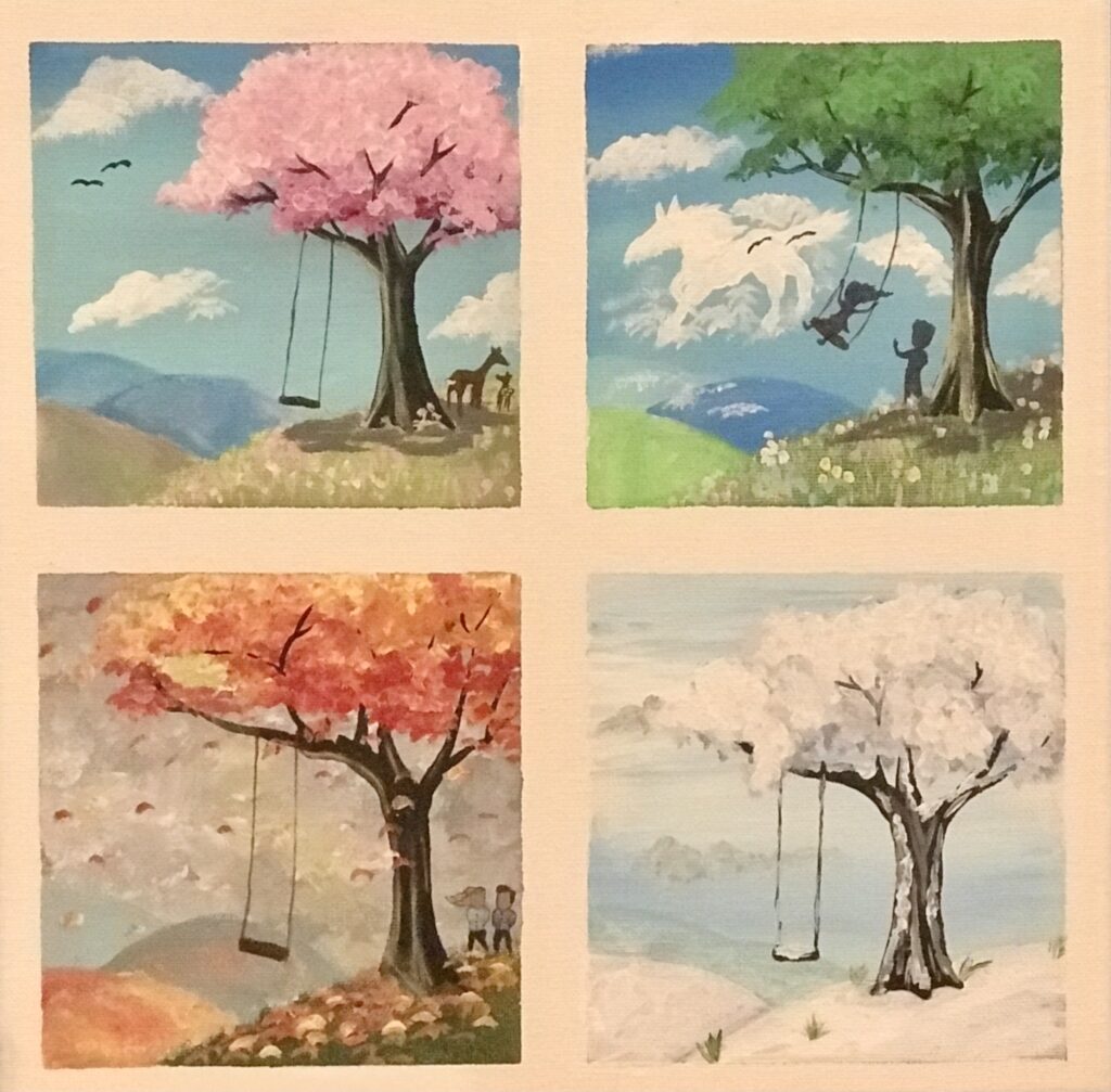 a painting of the same tree in 4 different seasons