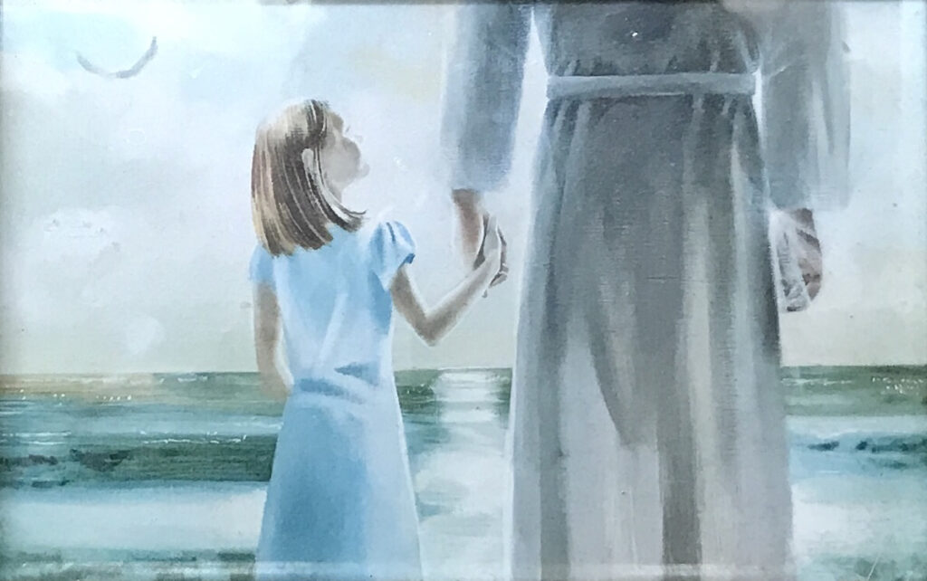 watercolor picture of a little girl holding the hand of a man in a gray robe looking at the sea
