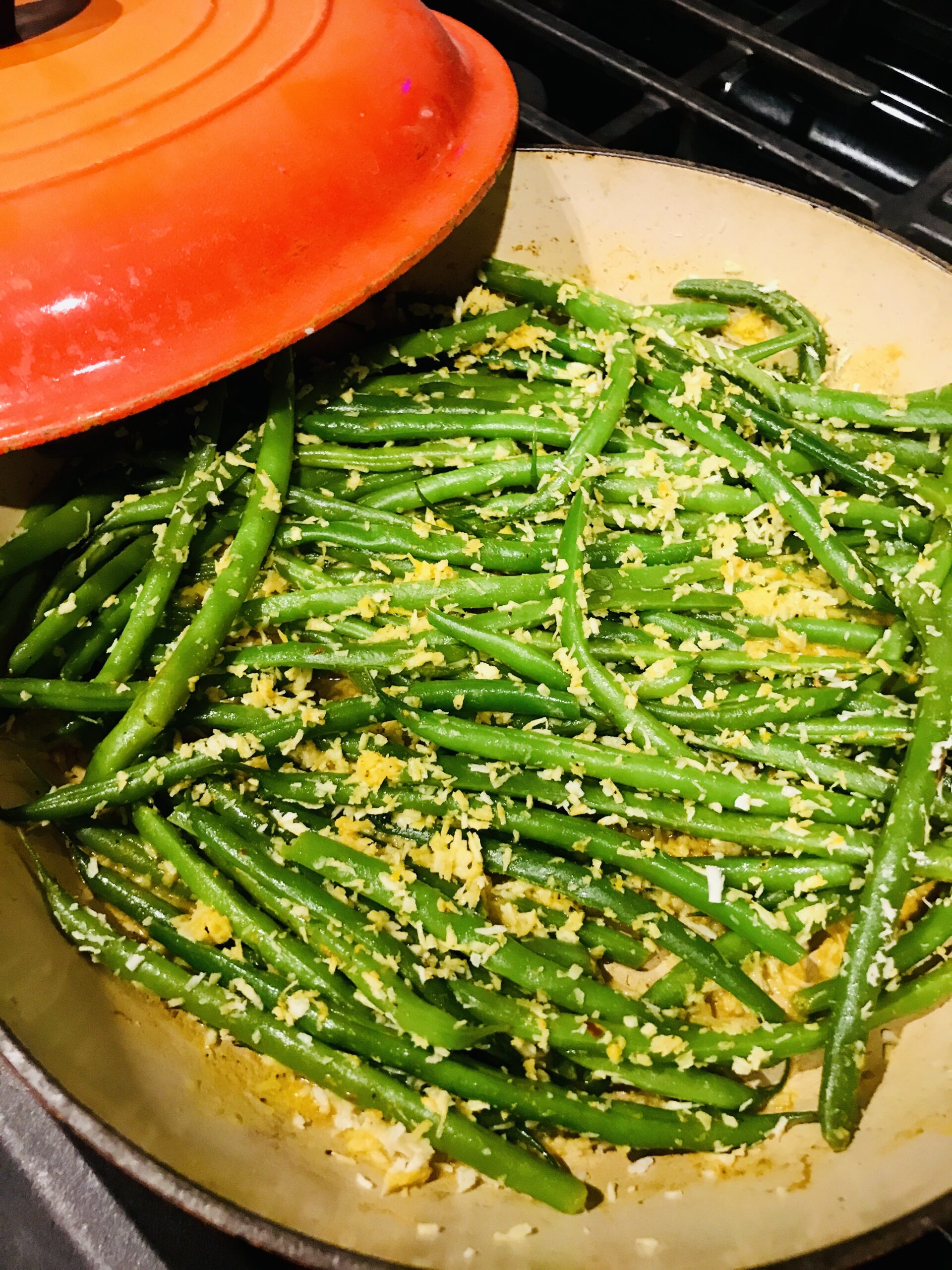 pan of finished coconut green beans