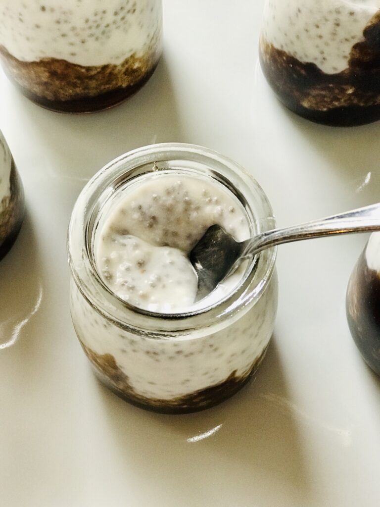 above view of chia pudding with a spoon