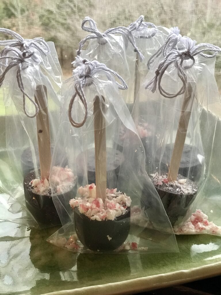 hot chocolate gift bags on a green plate