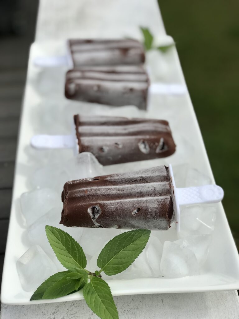 white dish on ice with 4 healthy chocolate fudge pops