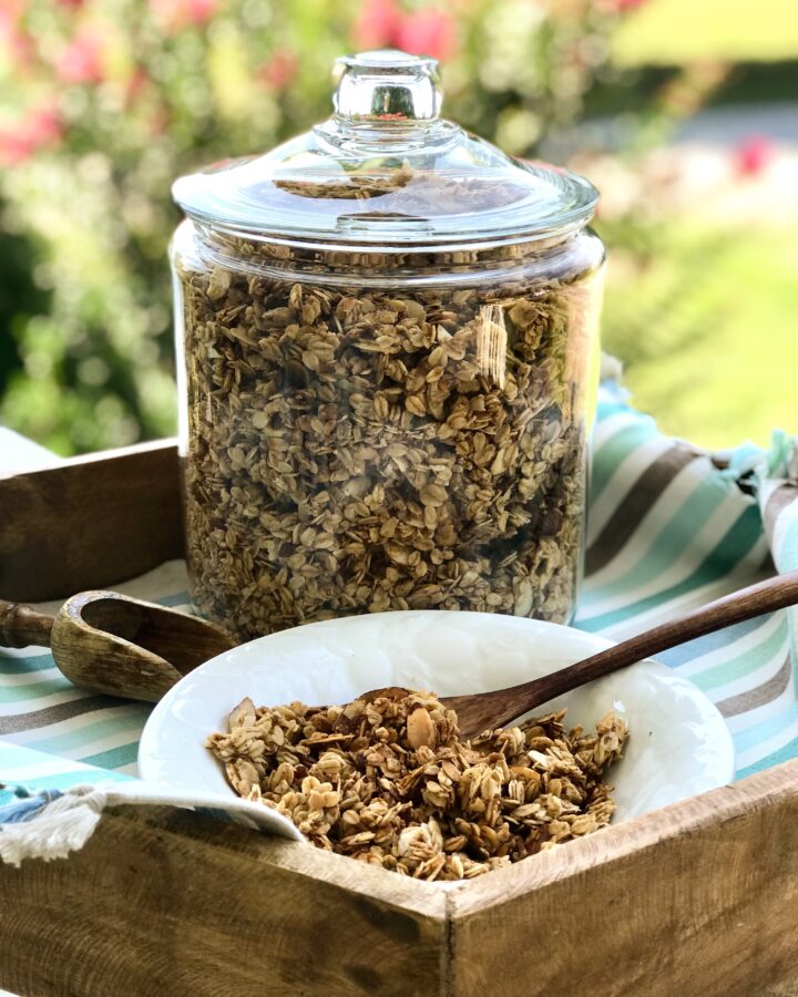 homemade granola in a beautiful glass jar with lid