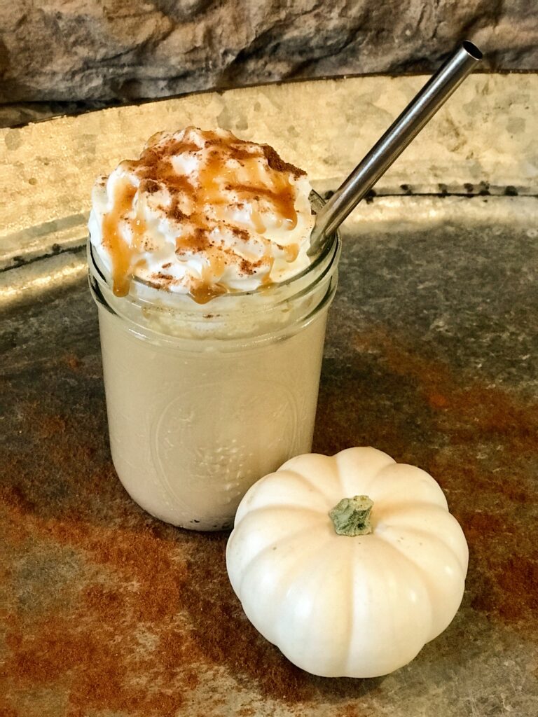 Caramel Frappuccino with a white pumpkin