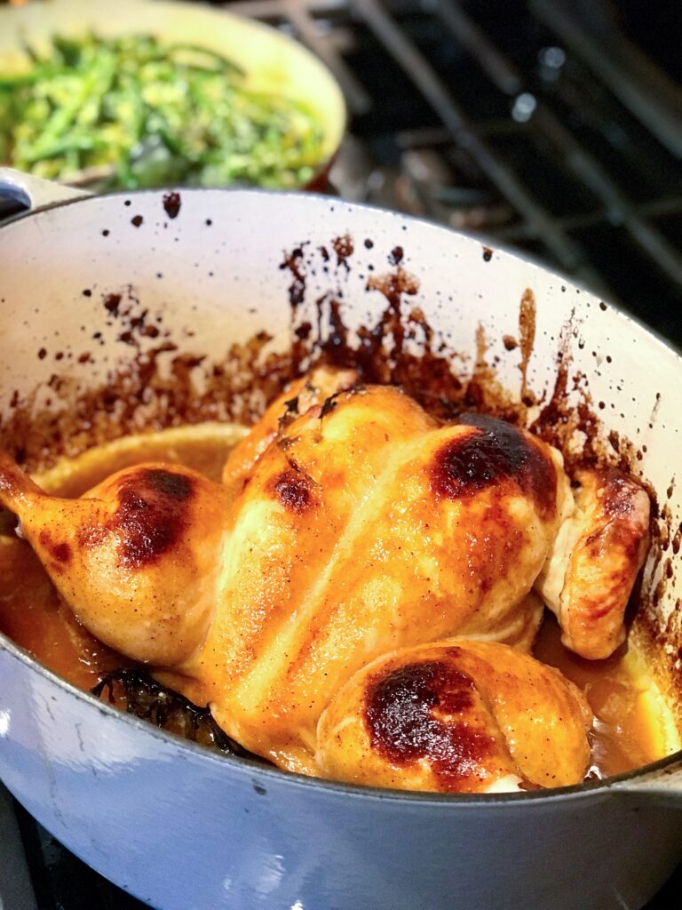 dutch oven with maple glazed chicken