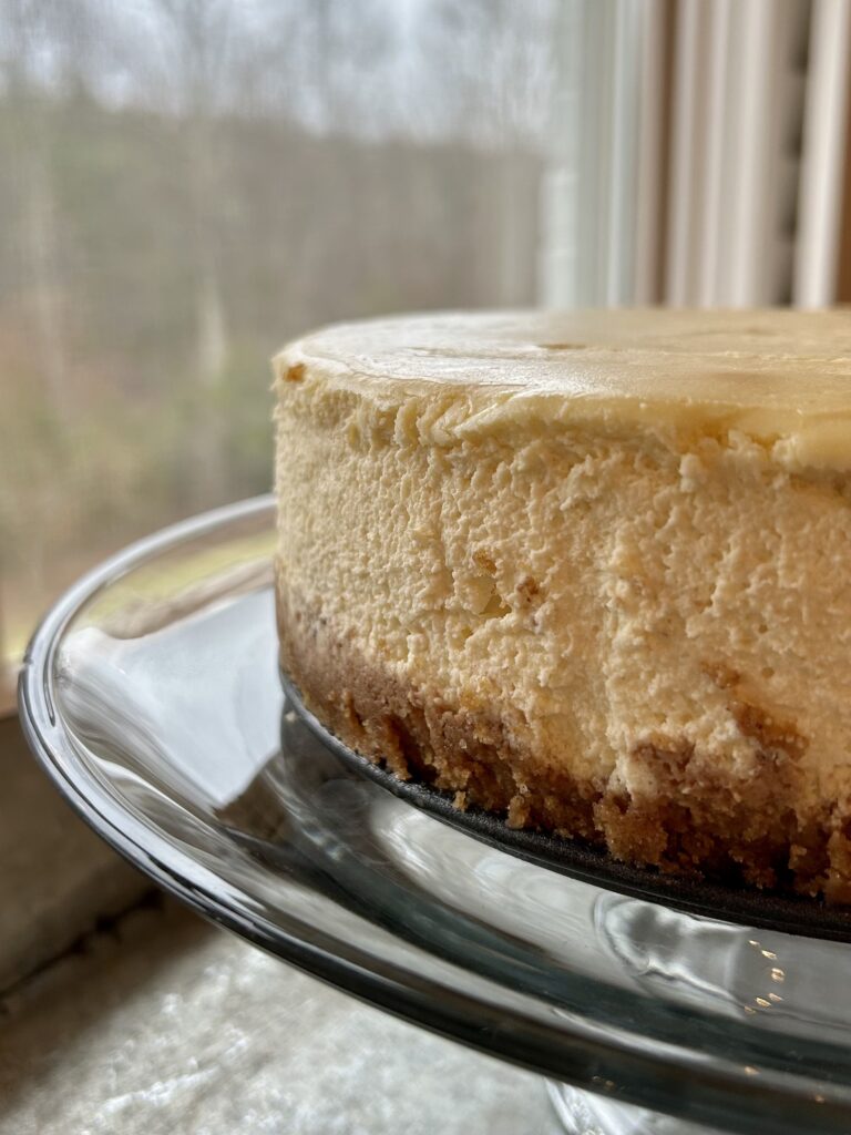 plain cheesecake on a glass pedestal