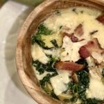 close up of potato, sausage, & kale soup