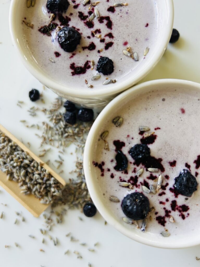 2 mugs of lavender blueberry moon milk