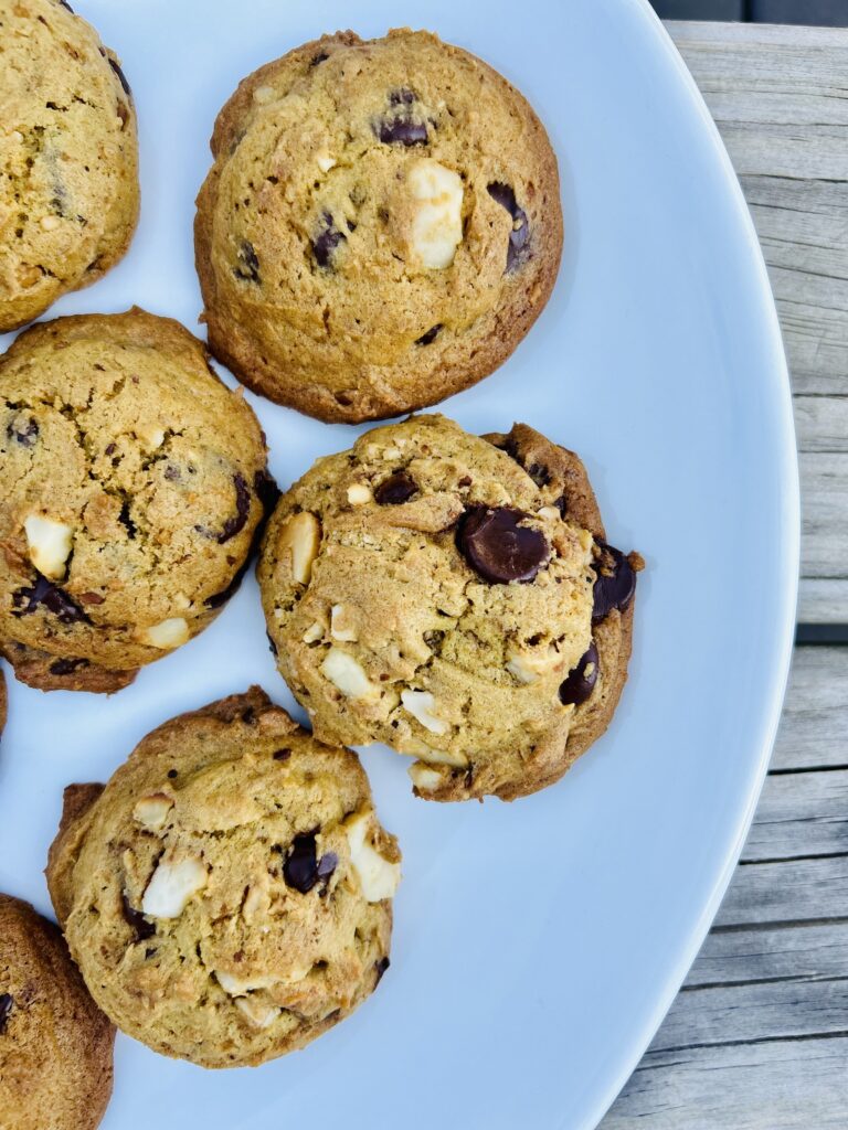 seaside chocolate chip Cookies on a white plate