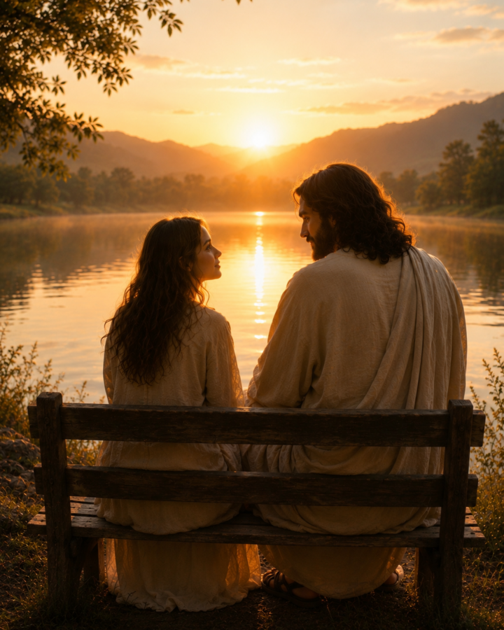 Ai image of girl gazing at Jesus on a bench at at lake at sunrise